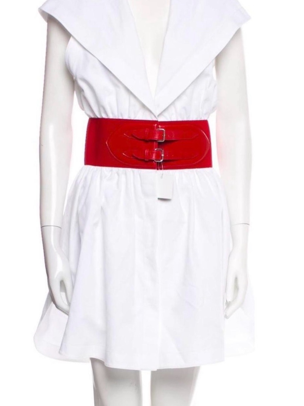 ALAIA White Hooded Dress with Red Waist Belt - Picture 4 of 6